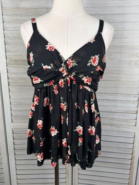 EXPRESS Black Y2K Cottage Floral Babydoll Cami Top Twist Front-Large